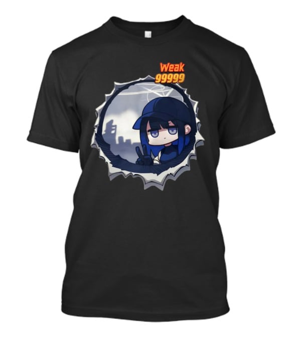 Weak 99999 Manga Character Peering Through Circular Portal T-Shirt