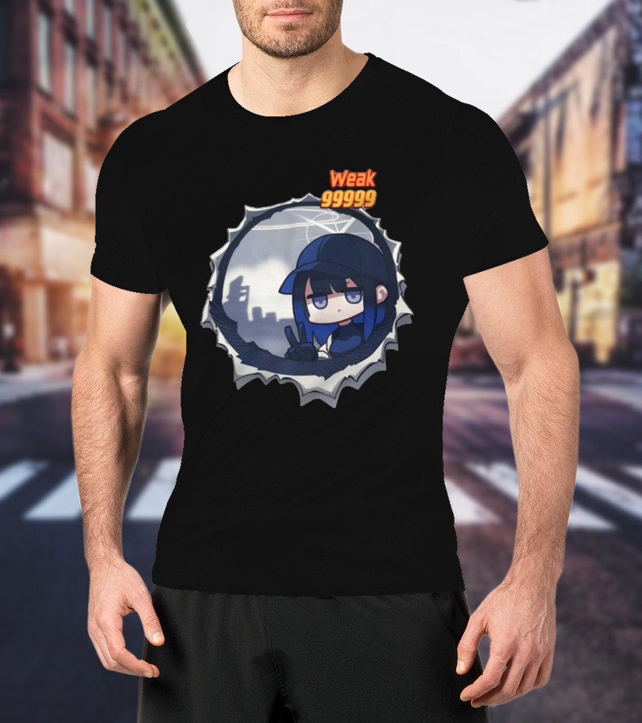 Weak 99999 Manga Character Peering Through Circular Portal T-Shirt