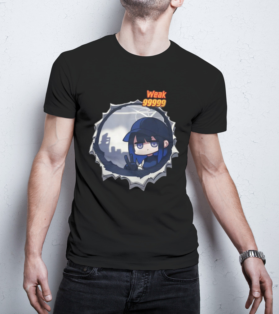 Weak 99999 Manga Character Peering Through Circular Portal T-Shirt