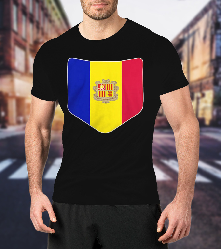 Andorra Flag Pocket Print Andorran Colors Crest Emblem T-Shirt