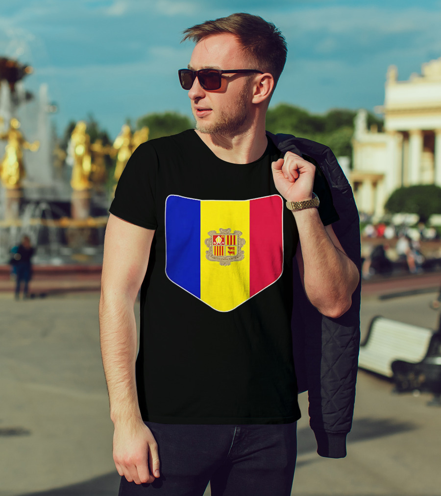 Andorra Flag Pocket Print Andorran Colors Crest Emblem T-Shirt