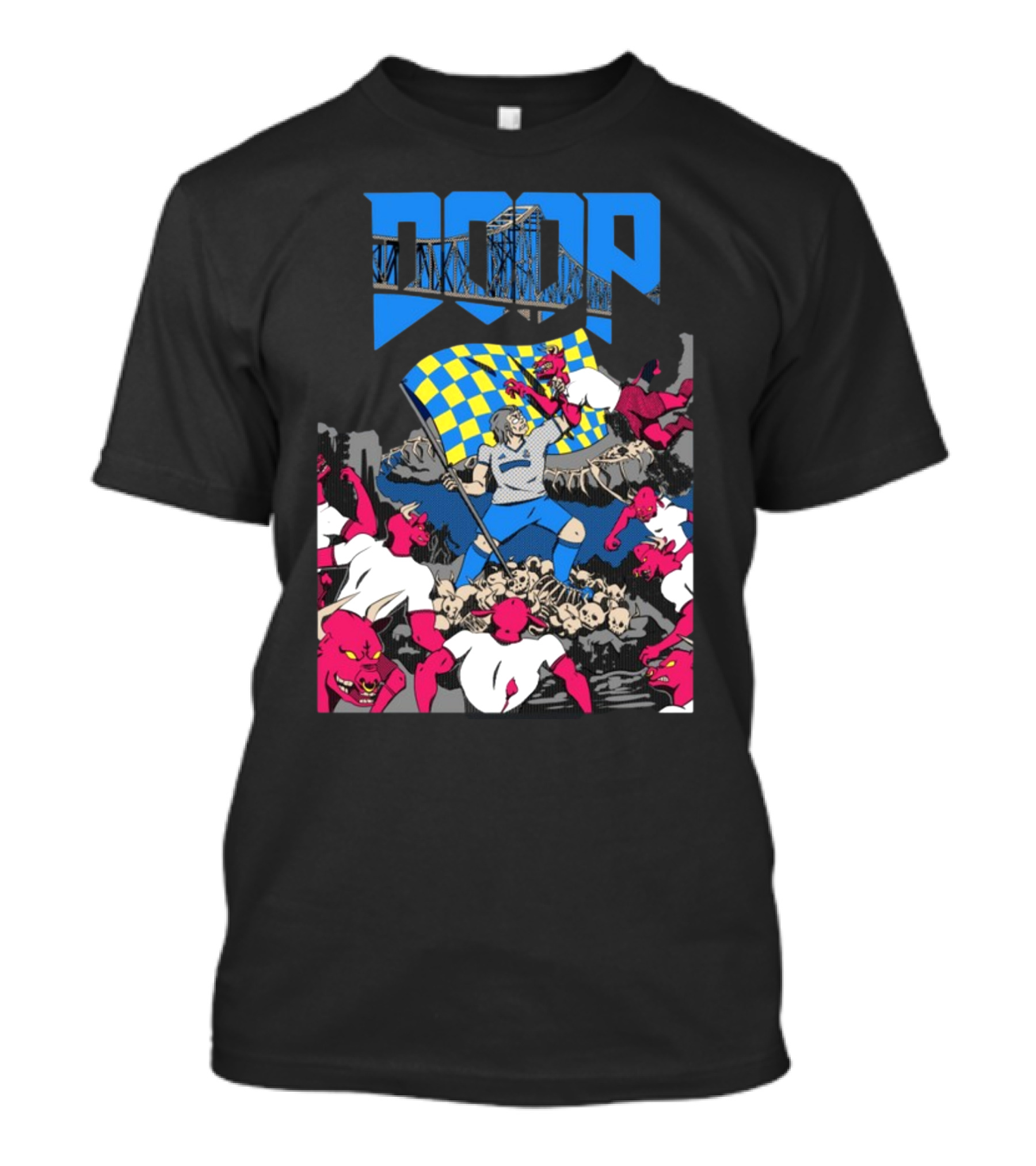 Doom Soccer Player Leading Team With Flag Surrounded By Red Demons T-Shirt