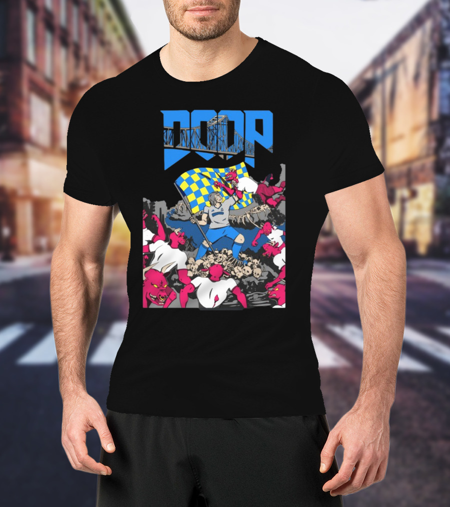 Doom Soccer Player Leading Team With Flag Surrounded By Red Demons T-Shirt