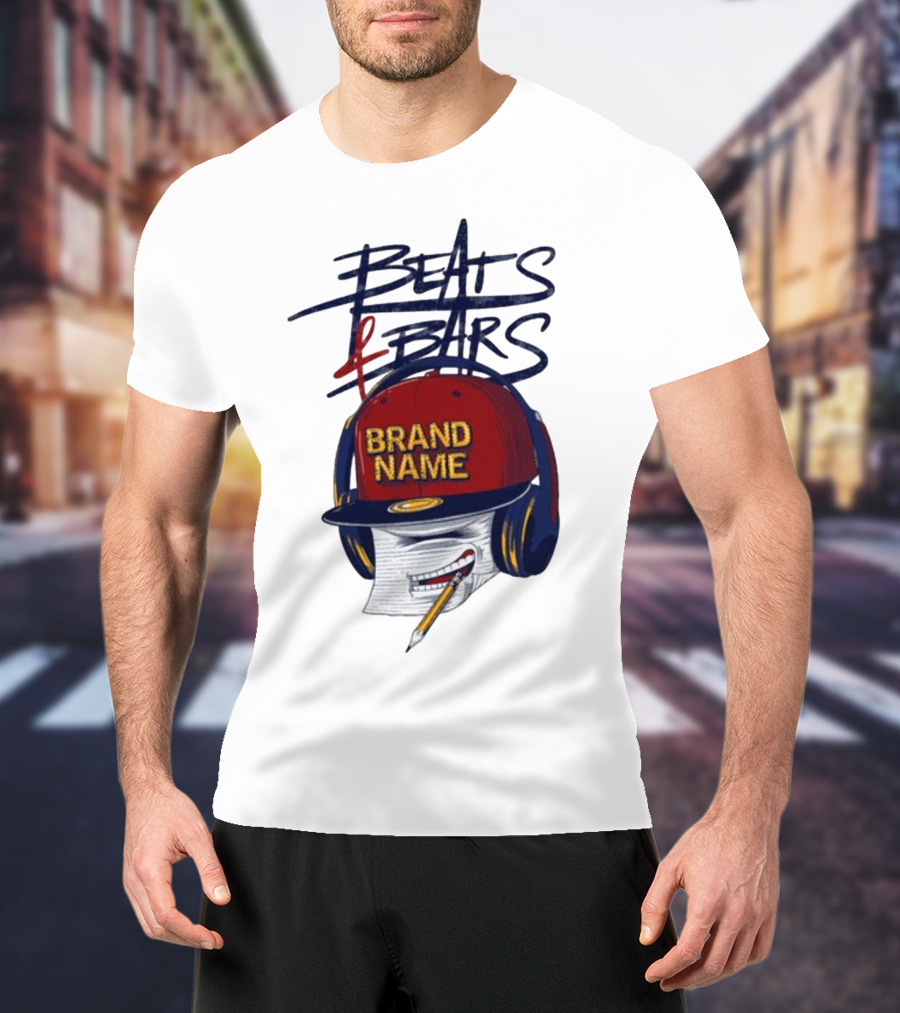 Beats And Bars Brand Name Hat Headphones Pencil Sketch T-Shirt