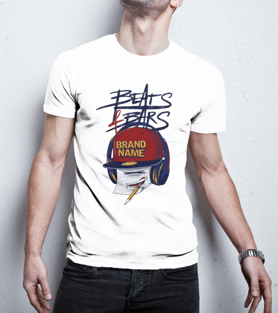 Beats And Bars Brand Name Hat Headphones Pencil Sketch T-Shirt