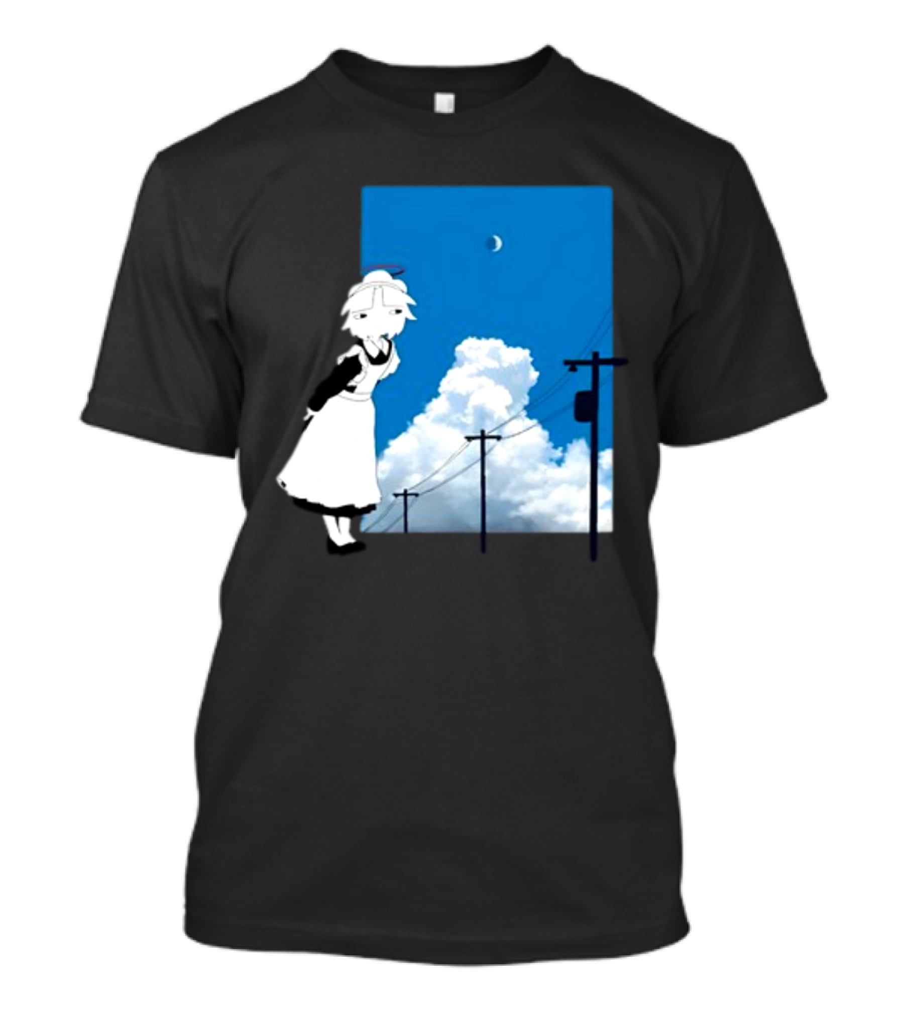 Electric Maid Under Cloudy Sky And Moon With Power Lines T-Shirt