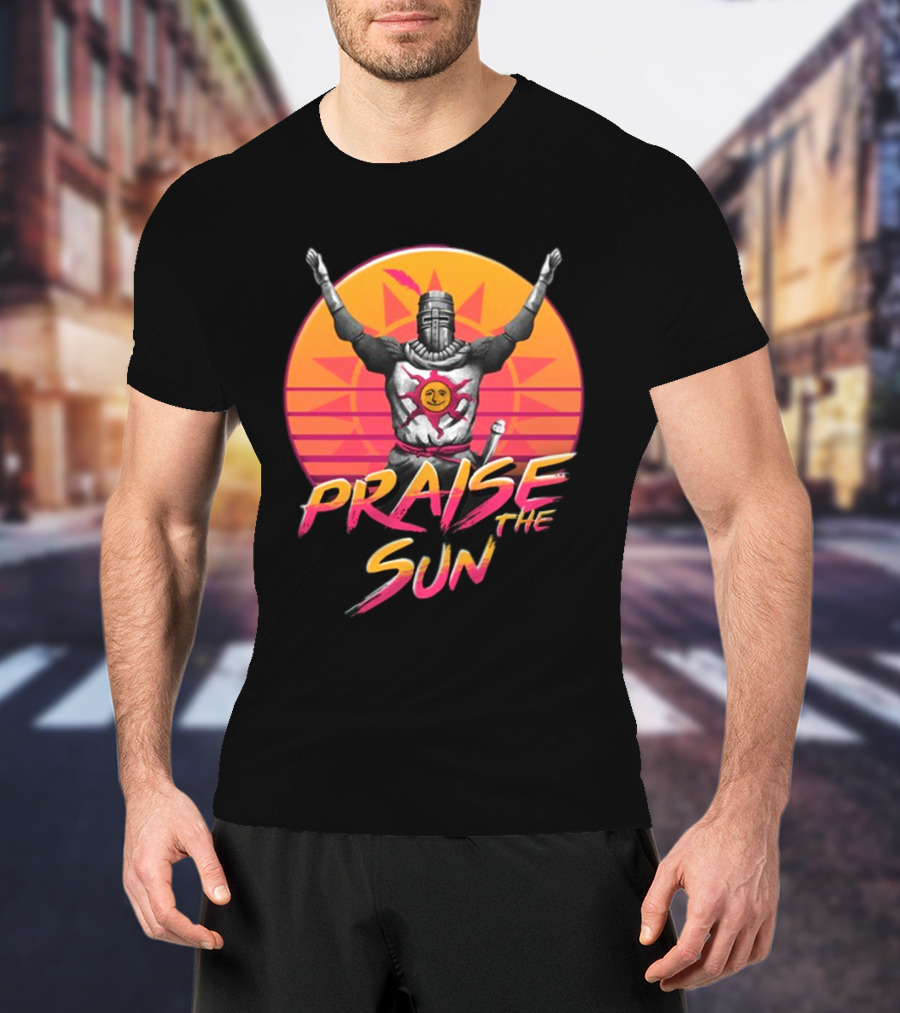 Praise The Sun Solaire Of Astora Dark Souls Knight Retro Sunset T-Shirt