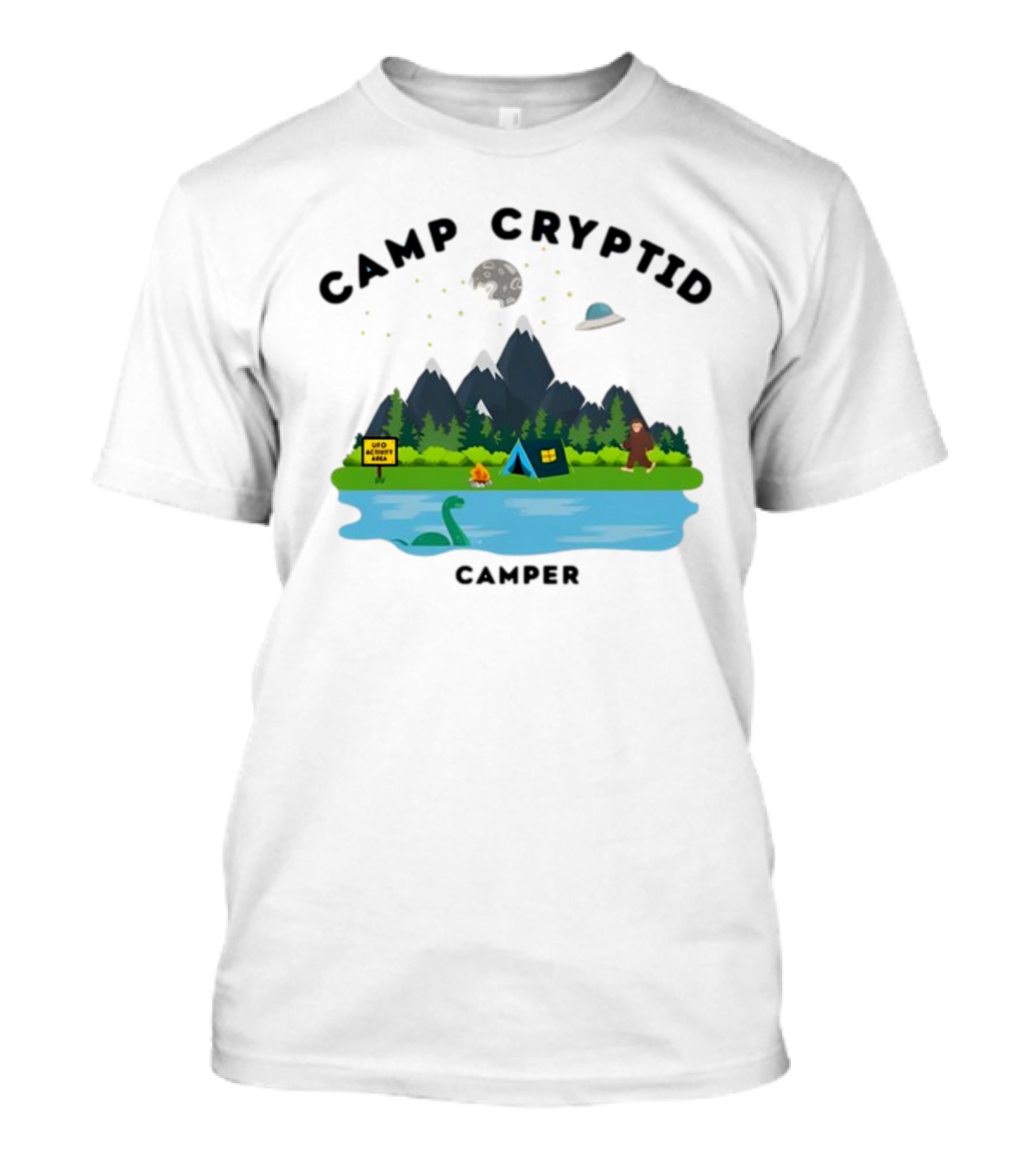 Camp Cryptid Camper UFO Area Loch Ness Bigfoot Camping Scene T-Shirt