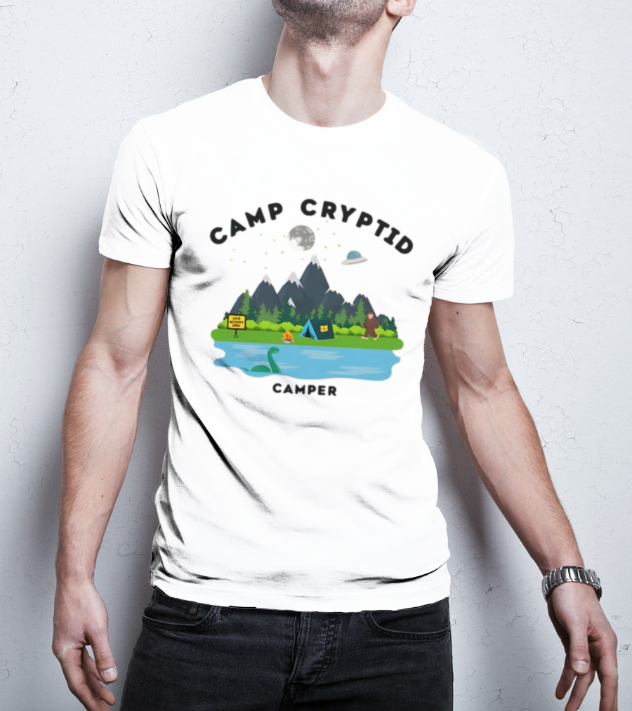 Camp Cryptid Camper UFO Area Loch Ness Bigfoot Camping Scene T-Shirt