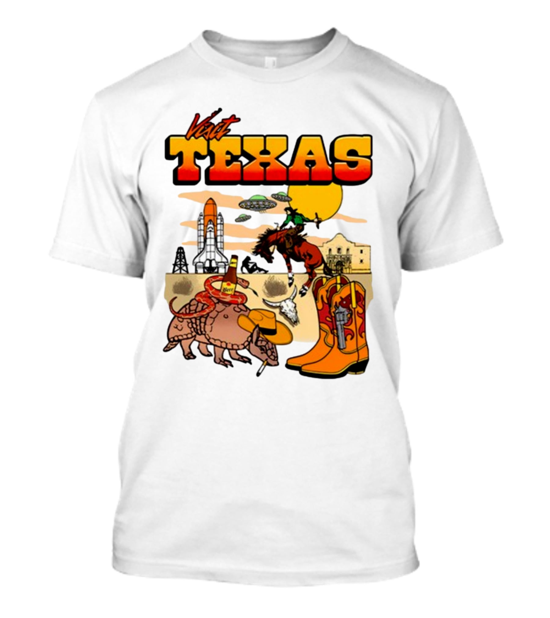 Visit Texas Armadillo Cowboy Boots Space Shuttle UFOs Rodeo Horse Alamo T-Shirt
