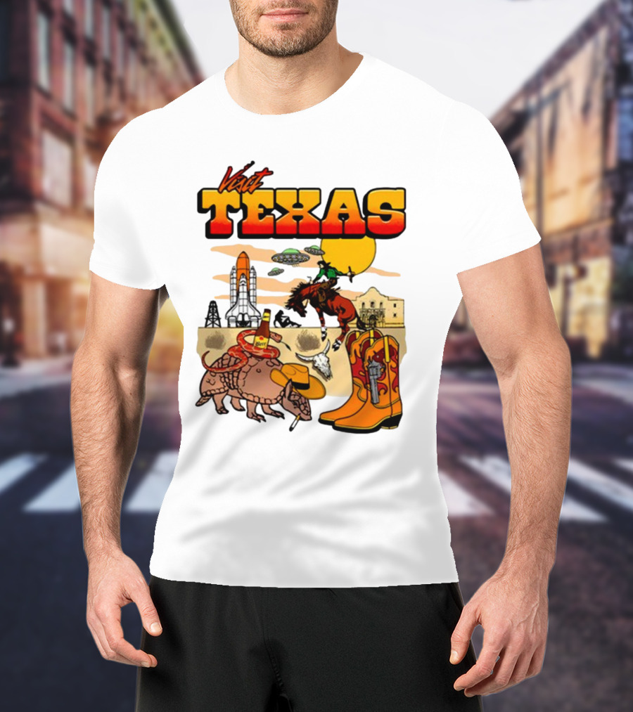 Visit Texas Armadillo Cowboy Boots Space Shuttle UFOs Rodeo Horse Alamo T-Shirt