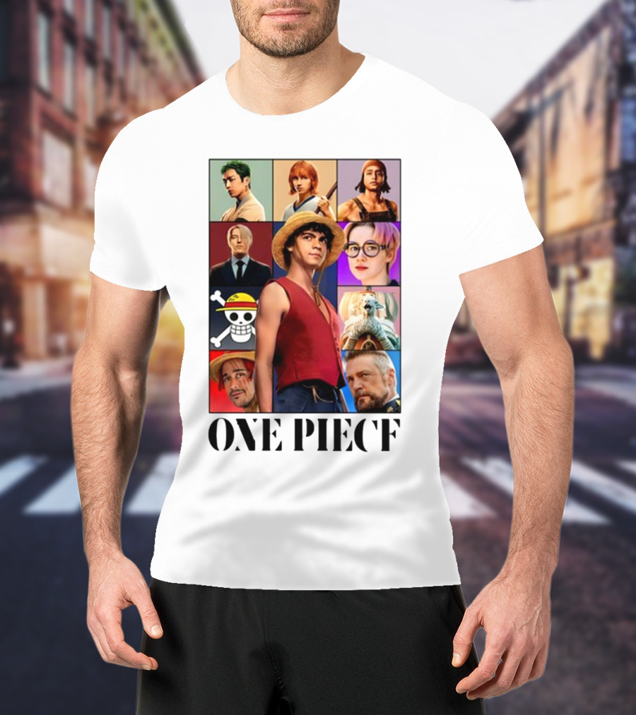 One Piece Characters Collage With Skull And Straw Hat T-Shirt