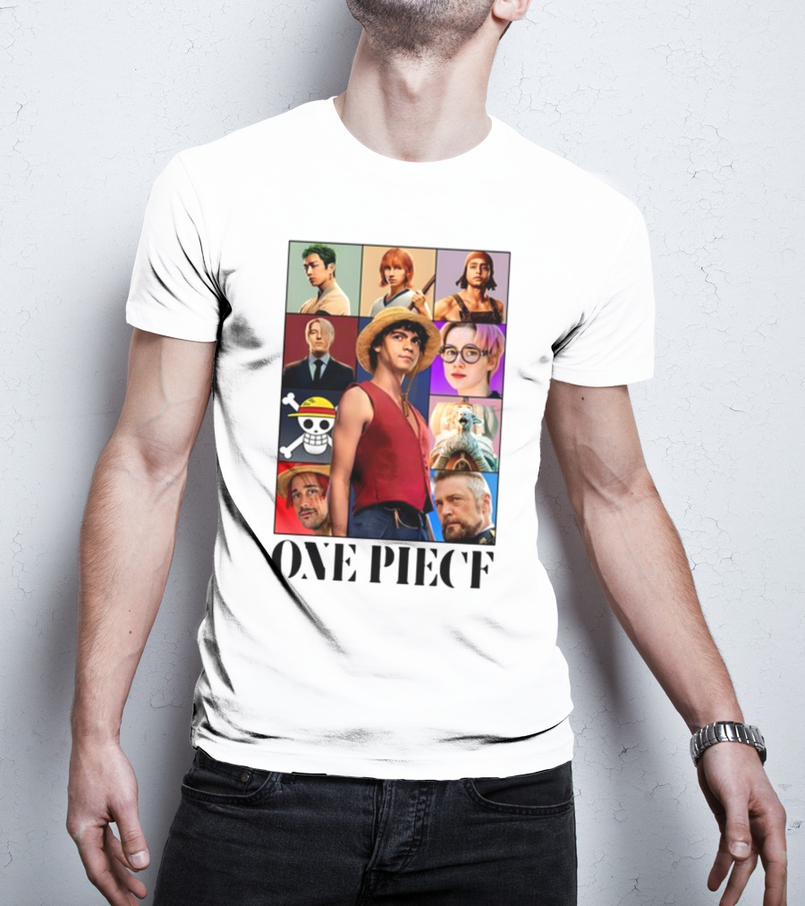 One Piece Characters Collage With Skull And Straw Hat T-Shirt