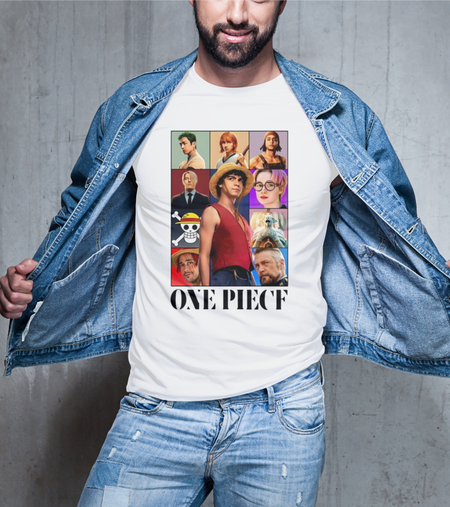 One Piece Characters Collage With Skull And Straw Hat T-Shirt