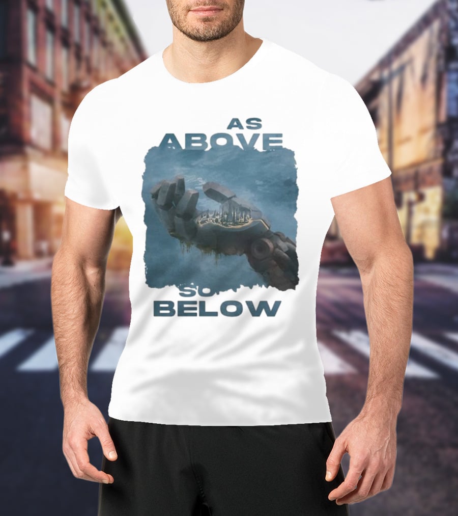 Essenger X Cryoshell As Above So Below Robotic Hand Holding Cityscape T-Shirt