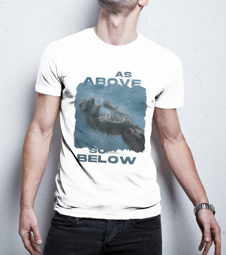 Essenger X Cryoshell As Above So Below Robotic Hand Holding Cityscape T-Shirt