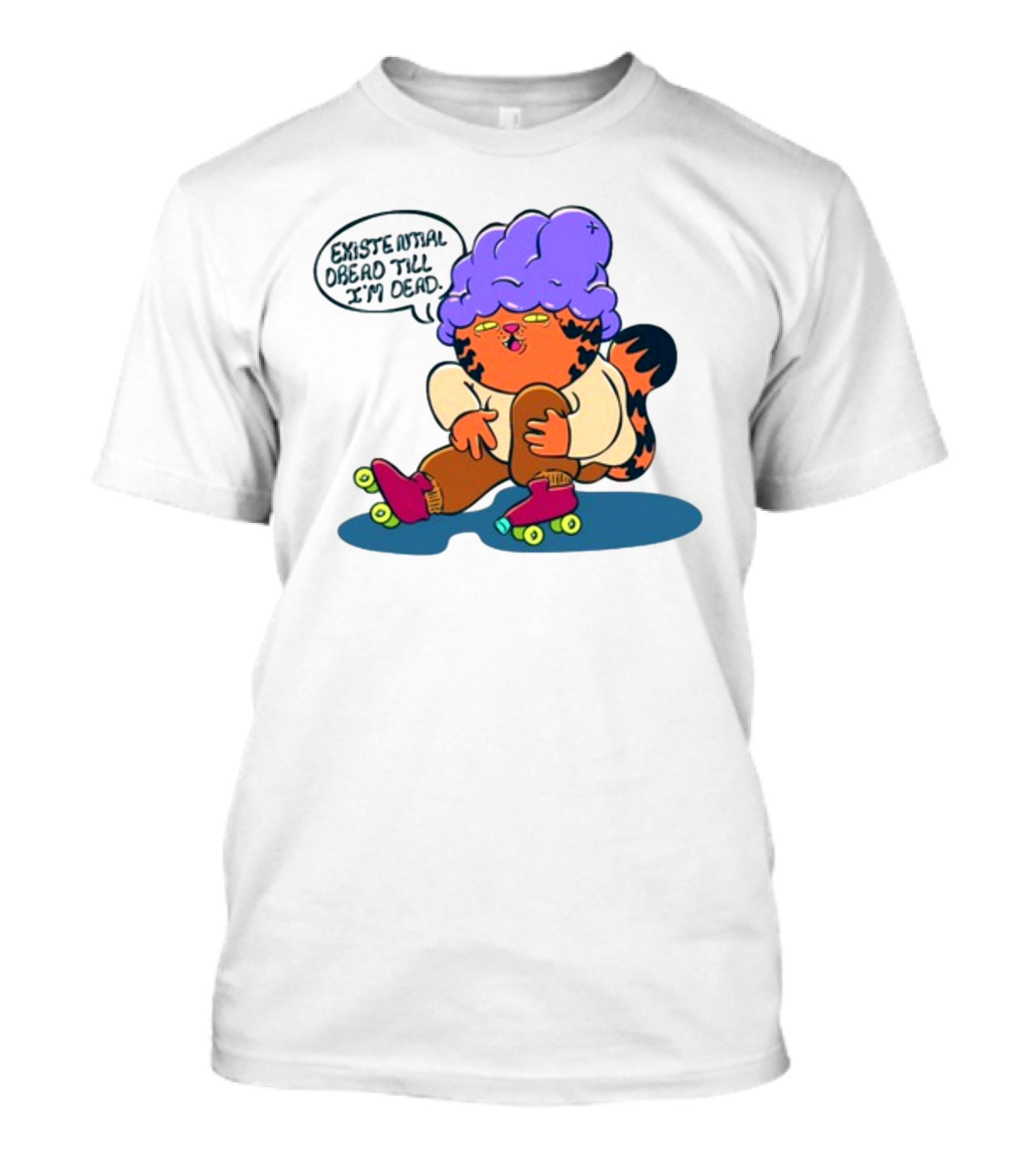 Existential Dread Till I'm Dead Funny Roller Skating Tiger With Purple Hair T-Shirt