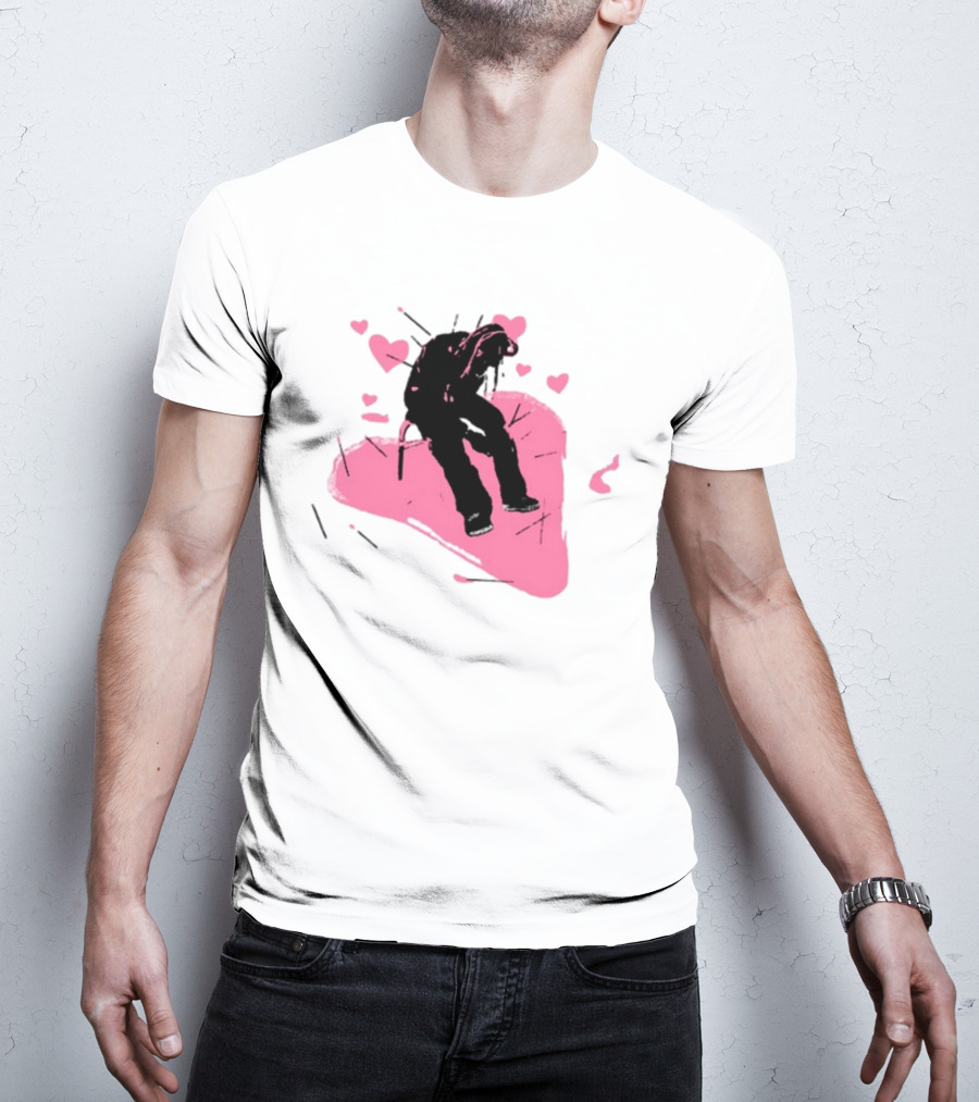 Drokenji Hearts White Pink Heart Black T-Shirt