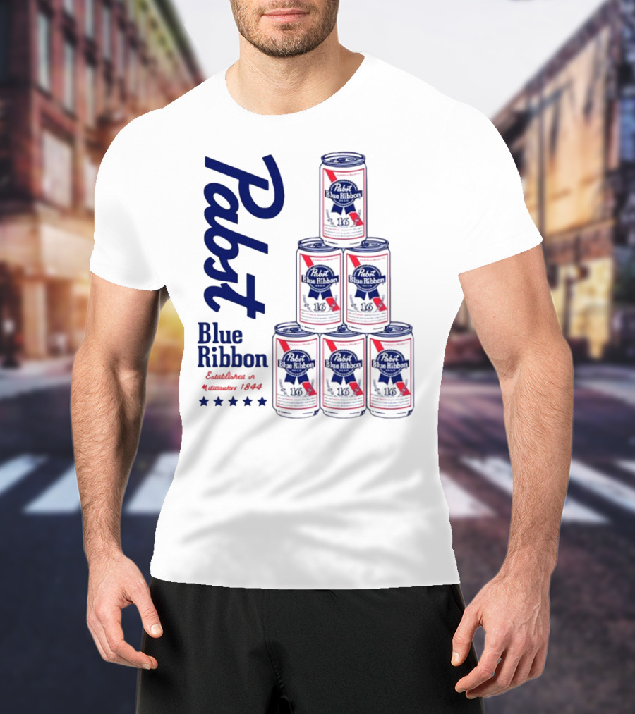 Pabst Blue Ribbon Beer Can Pyramid Established 1844 T-Shirt