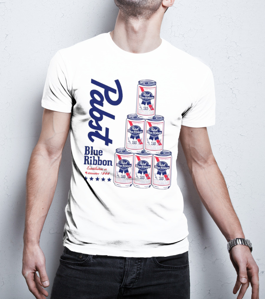 Pabst Blue Ribbon Beer Can Pyramid Established 1844 T-Shirt
