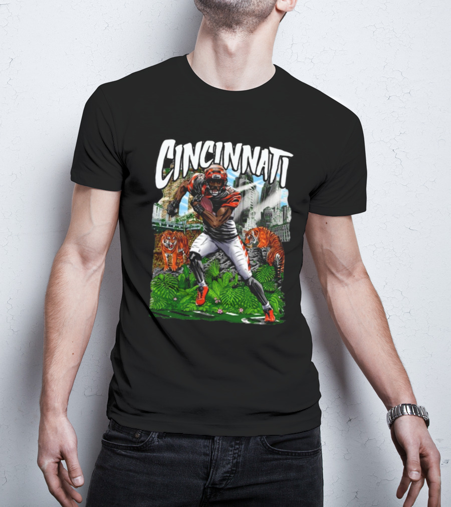 Cincinnati Jungle Football Player With Tigers And City Skyline T-Shirt