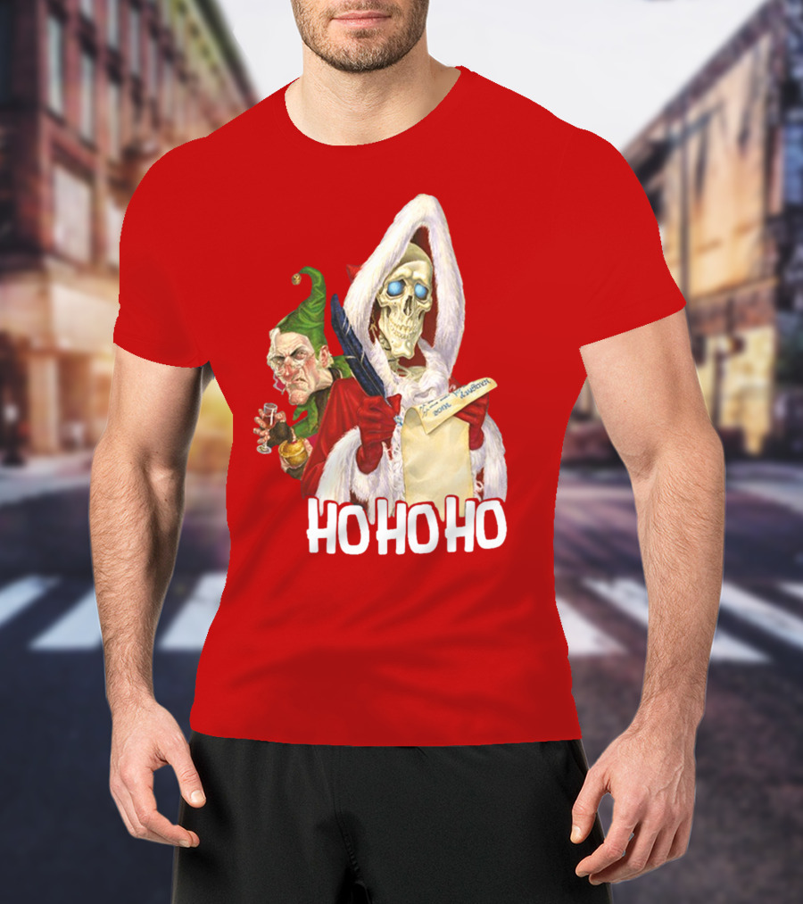 Ho Ho Ho Death With Albert Hogs Santa Skeleton And Elf T-Shirt