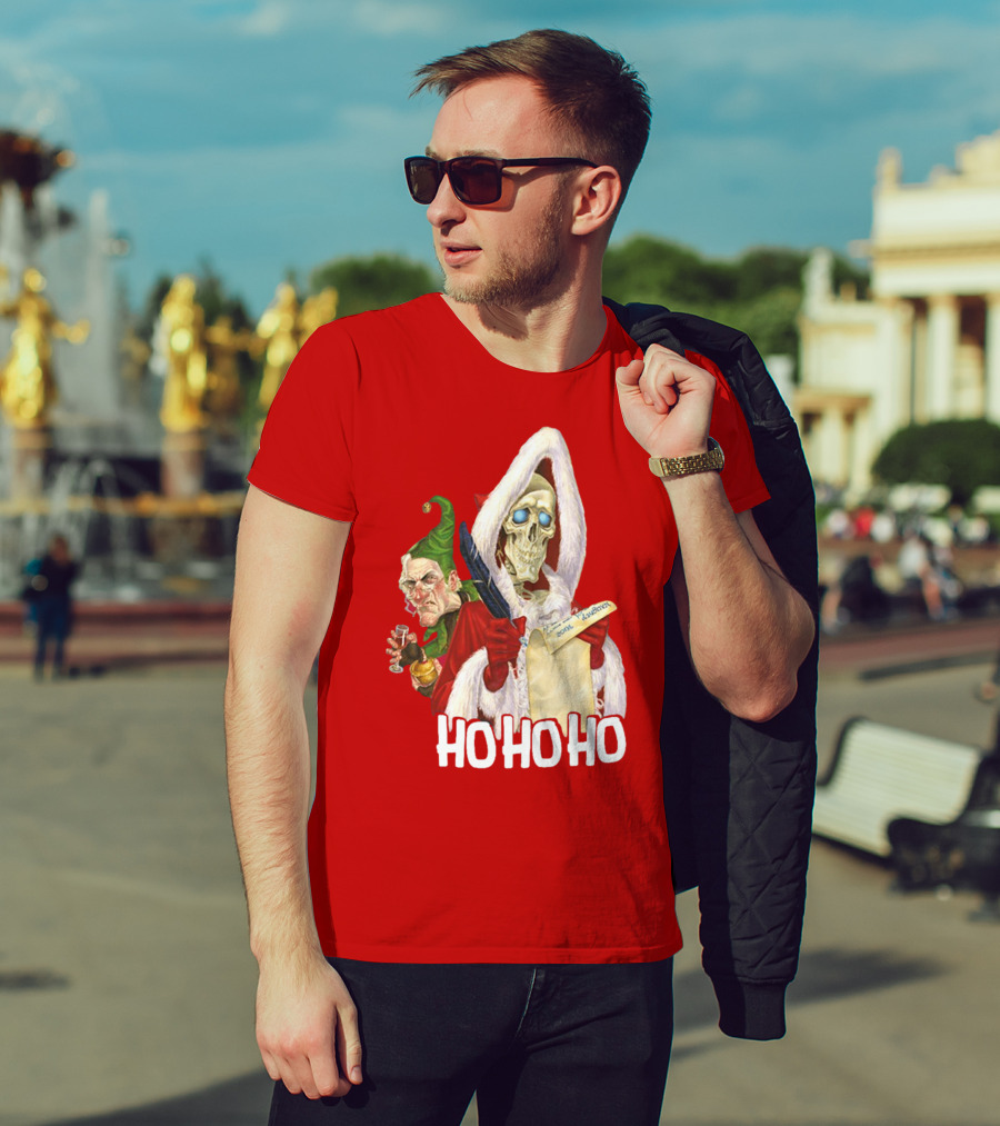 Ho Ho Ho Death With Albert Hogs Santa Skeleton And Elf T-Shirt