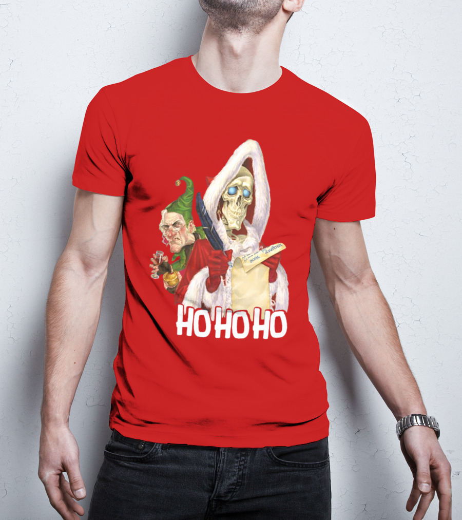 Ho Ho Ho Death With Albert Hogs Santa Skeleton And Elf T-Shirt