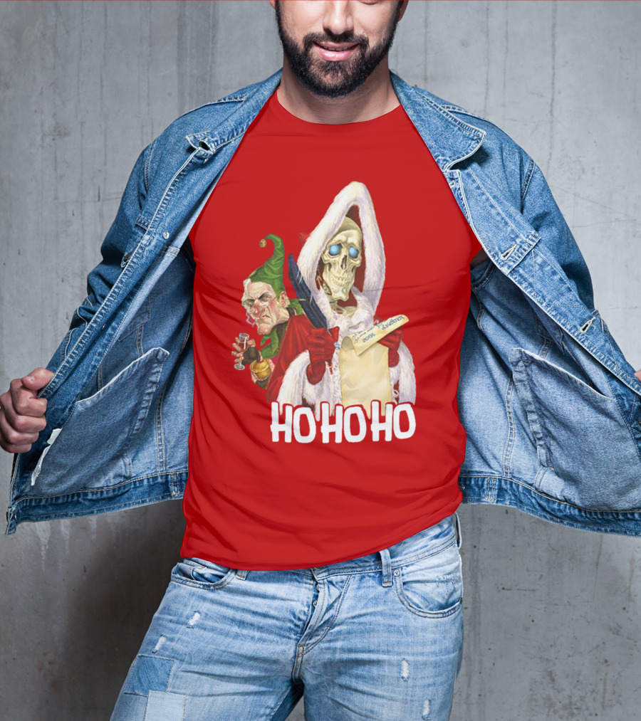 Ho Ho Ho Death With Albert Hogs Santa Skeleton And Elf T-Shirt