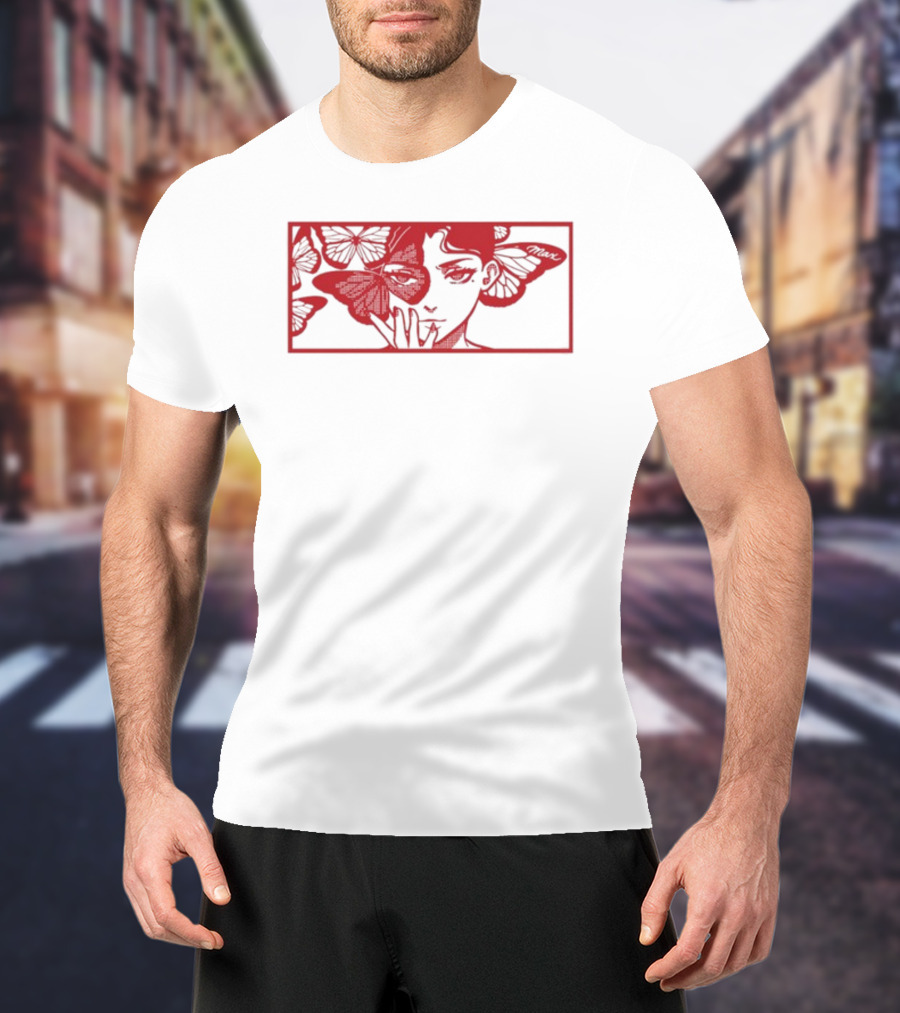 Maxmusic Enigmatic Red Butterflies And Woman In Rectangular Frame T-Shirt