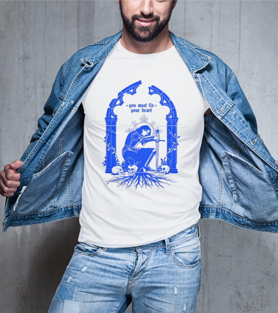 You Must Fix Your Heart Kneeling Skeleton With Sword And Skull Gothic Arch T-Shirt