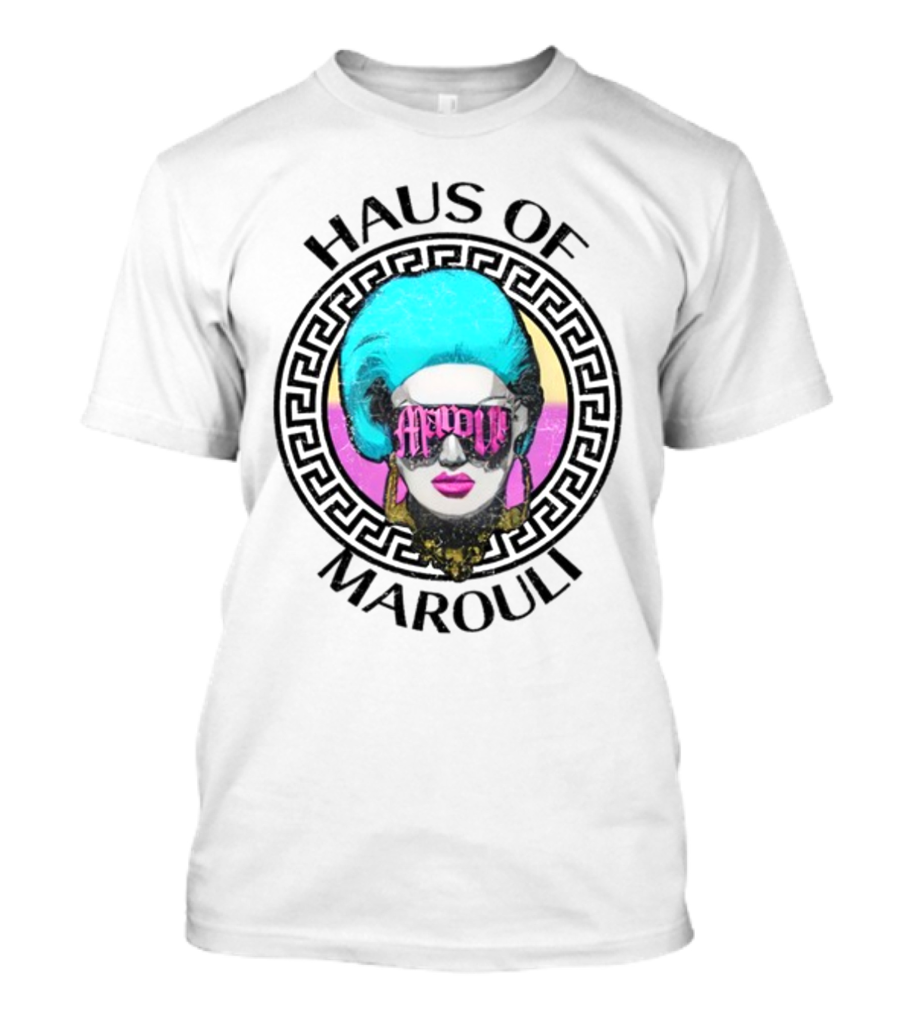 HAUS OF MAROULI Neon Glam Icon With Greek Key Border T-Shirt