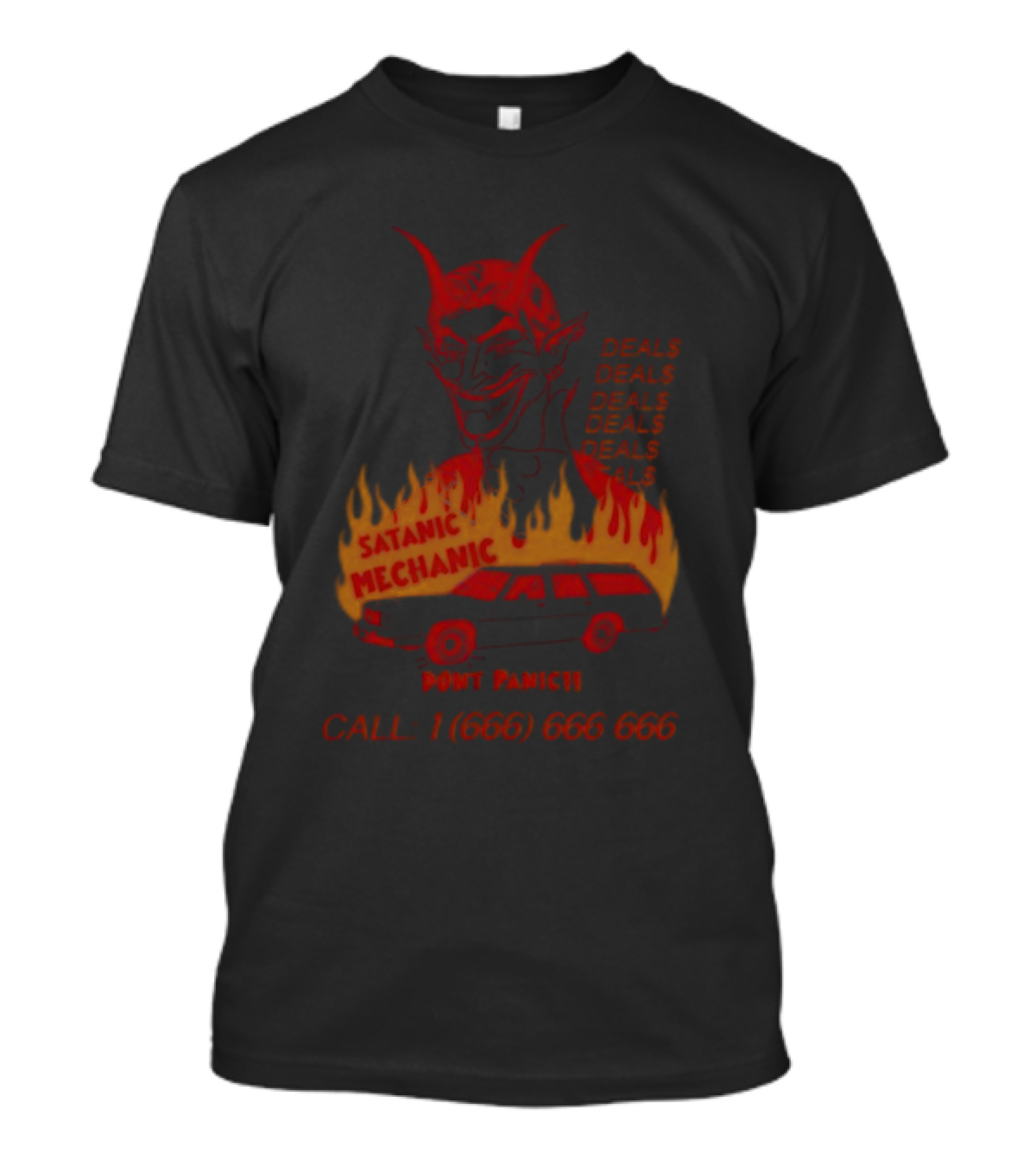 Satanic Mechanic Devil Deals Don't Panic Call 1 (666) 666 666 T-Shirt