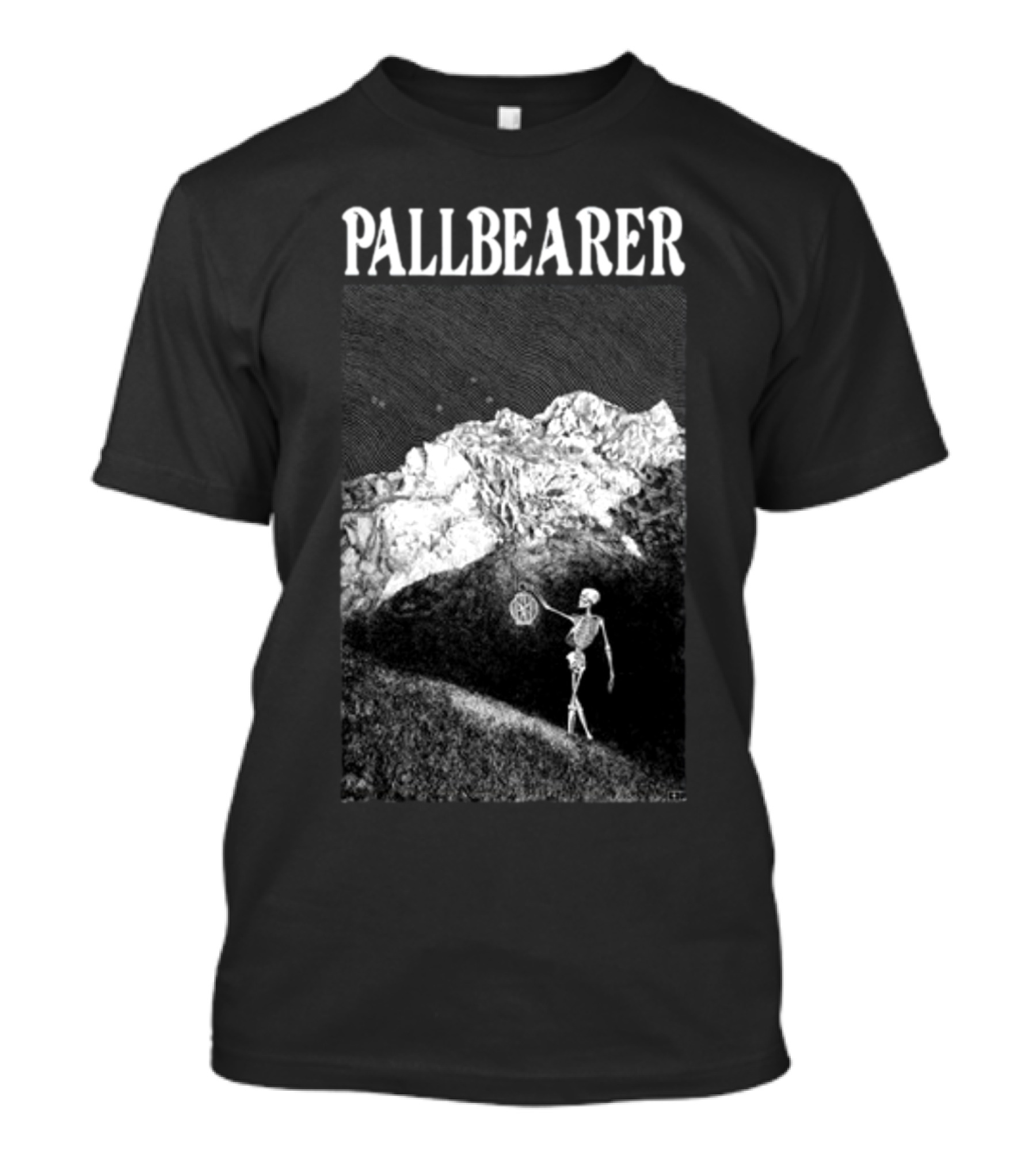 Christian Degn Hermit Pallbearer Skeleton Holding Octagon In Mountainous Landscape T-Shirt