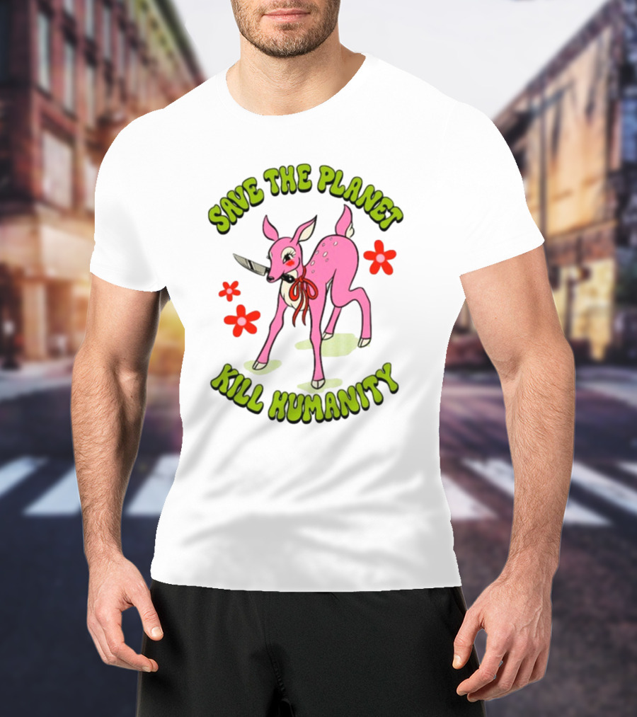 Tragicgirlsco Save The Planet Kill Humanity Pink Deer Floral T-Shirt