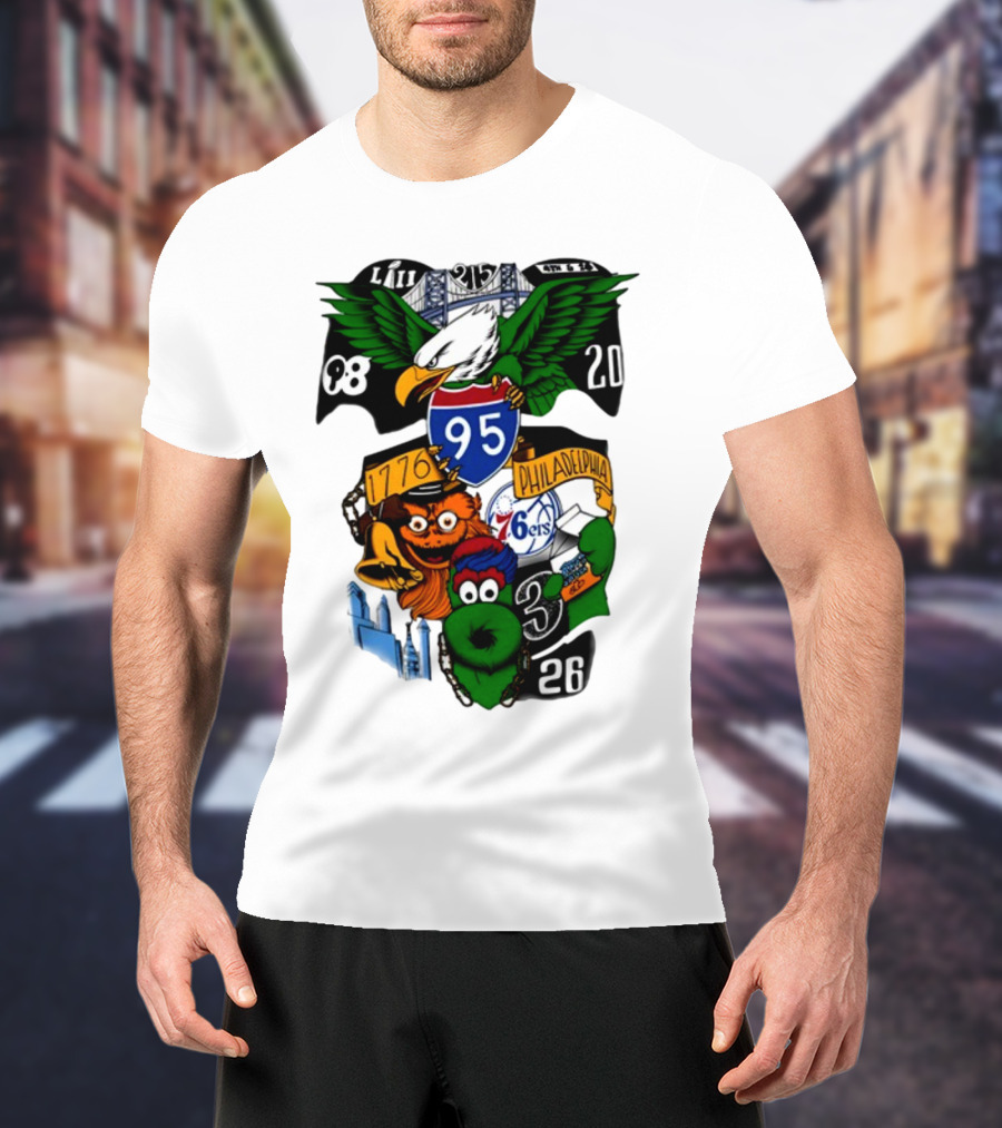Philadelphia 215 Eagles 76ers 95 Gritty Fanatic 1776 98 26 20 Skyline LIII T-Shirt