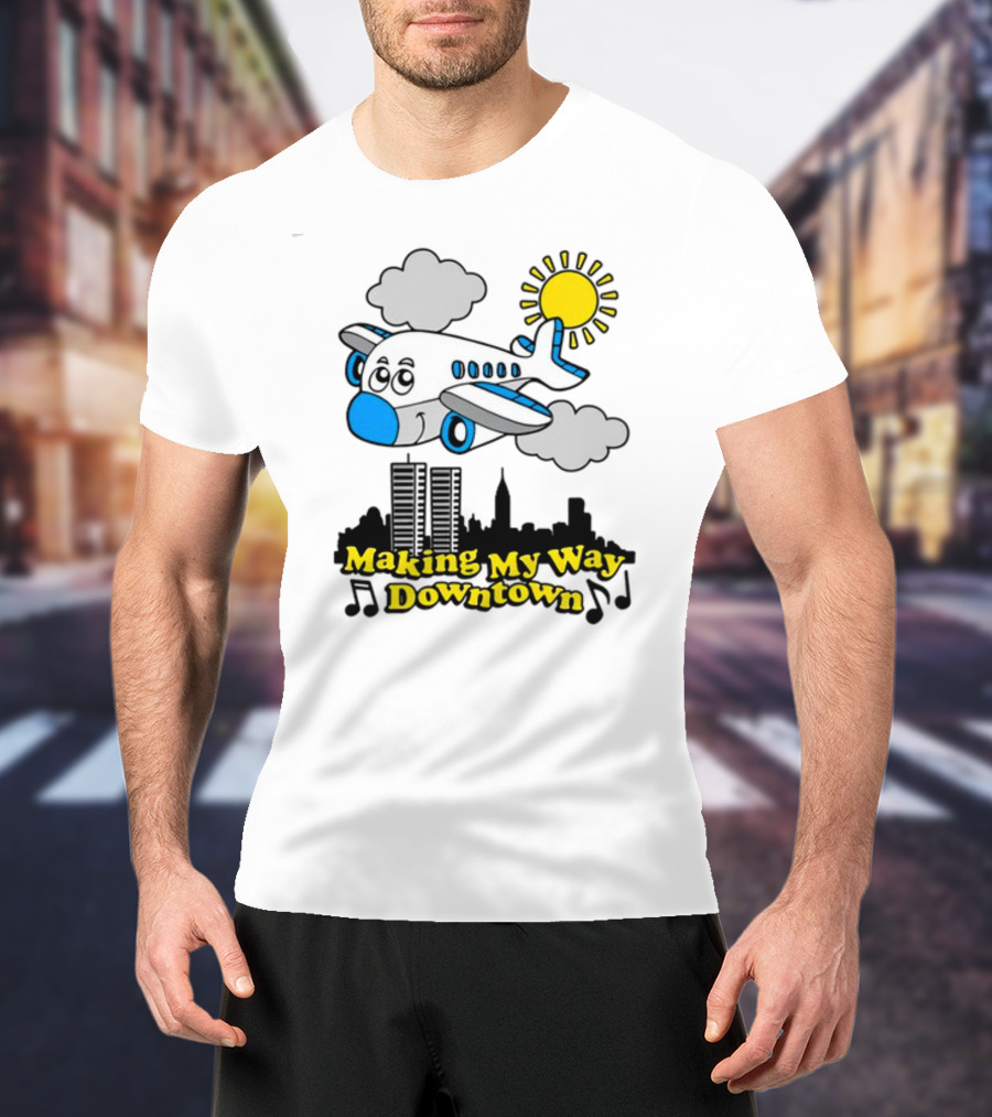 Making My Way Downtown Airplane City Skyline Sun Cloud Notes T-Shirt