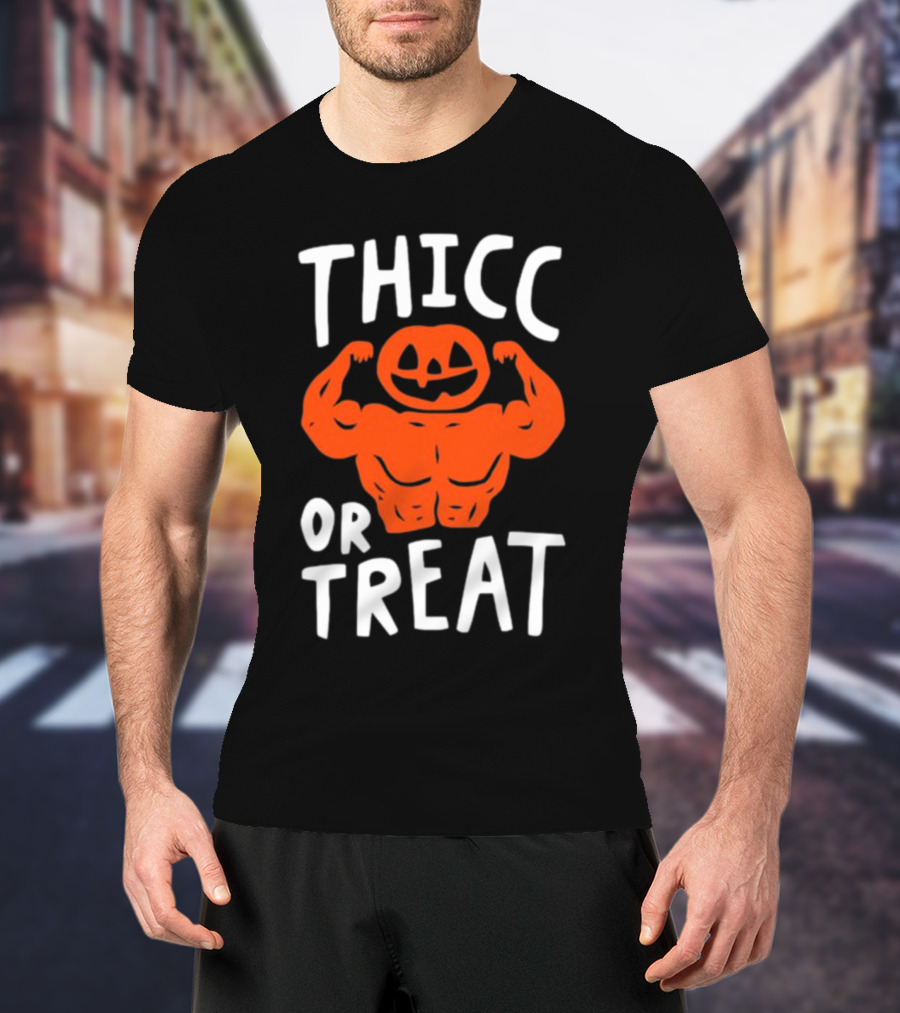 Thicc Or Treats Pumpkin Flexing Muscles T-Shirt