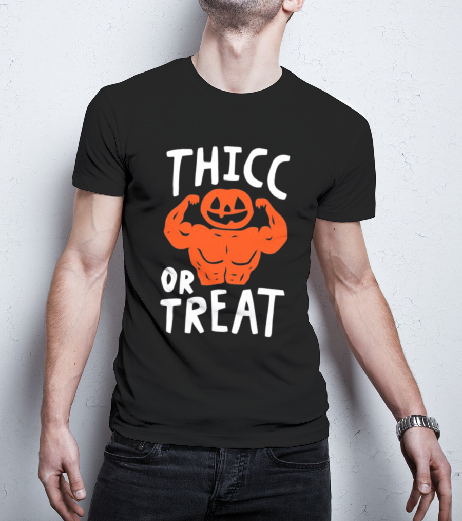 Thicc Or Treats Pumpkin Flexing Muscles T-Shirt