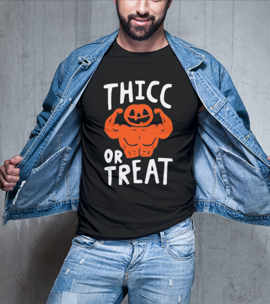 Thicc Or Treats Pumpkin Flexing Muscles T-Shirt