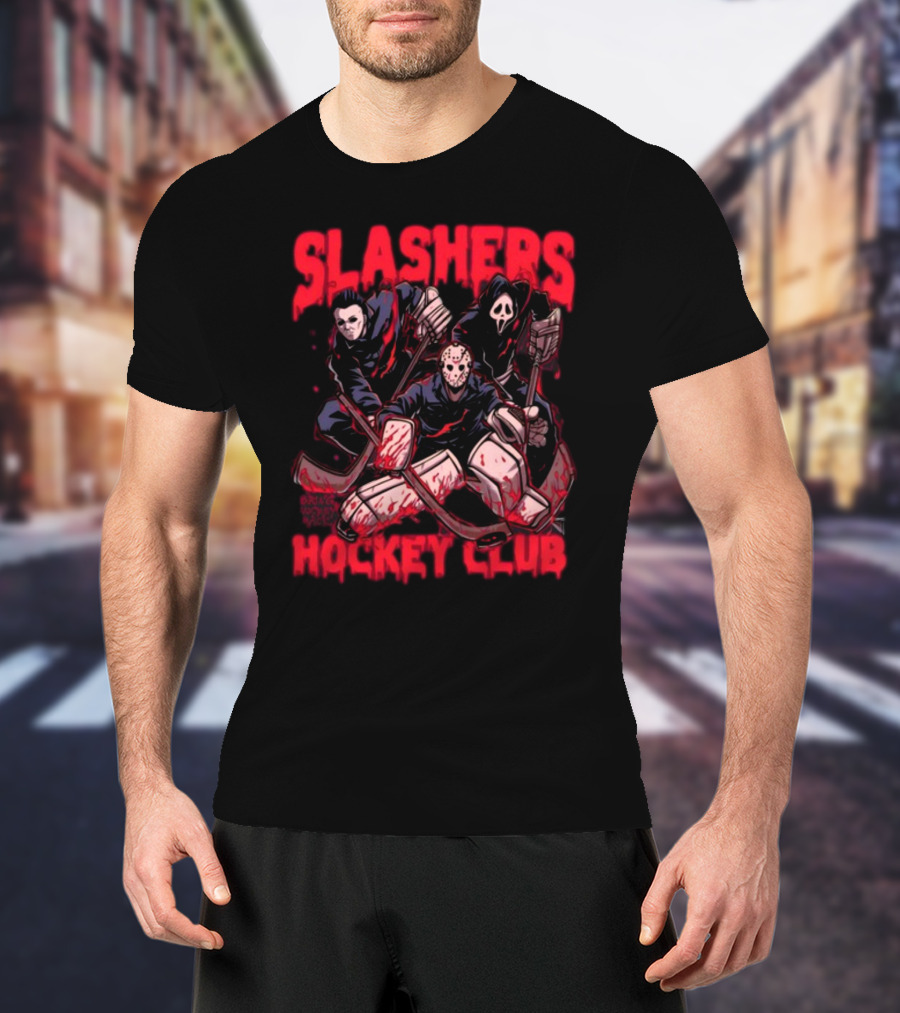 Slashers Hockey Club Horror Icons With Masks And Sticks T-Shirt