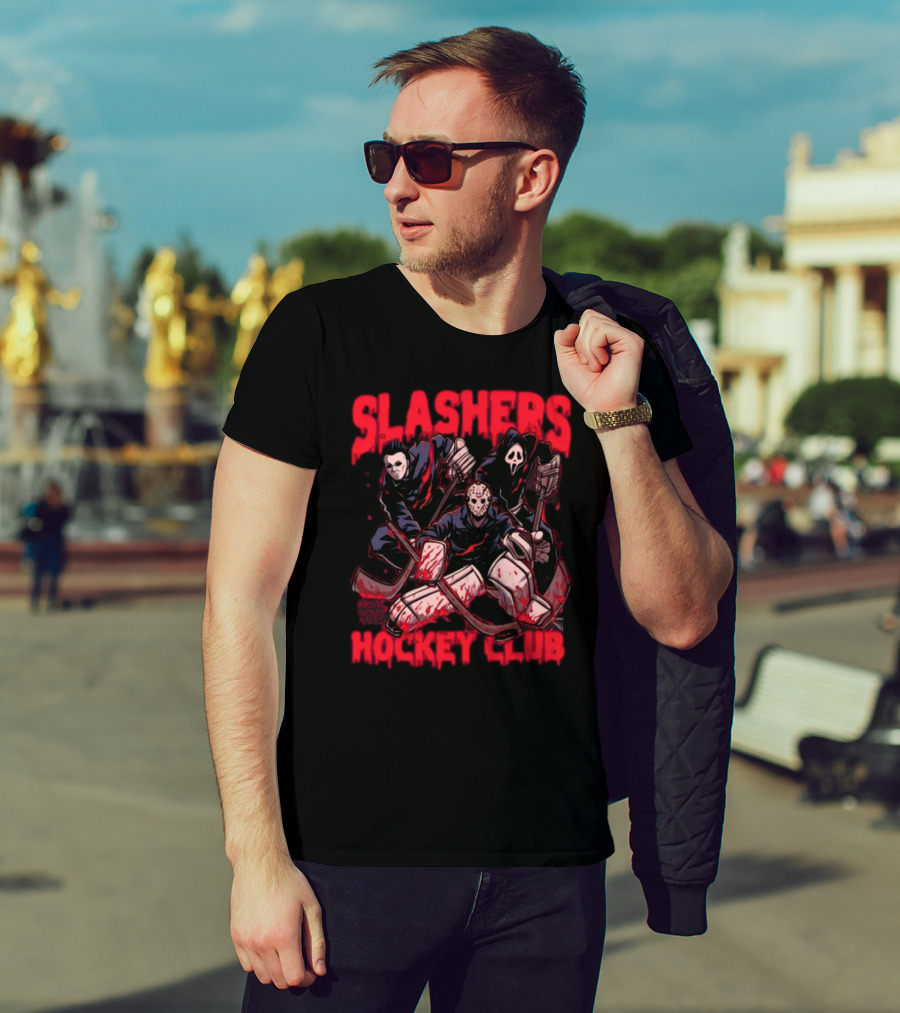 Slashers Hockey Club Horror Icons With Masks And Sticks T-Shirt