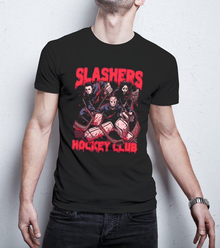 Slashers Hockey Club Horror Icons With Masks And Sticks T-Shirt
