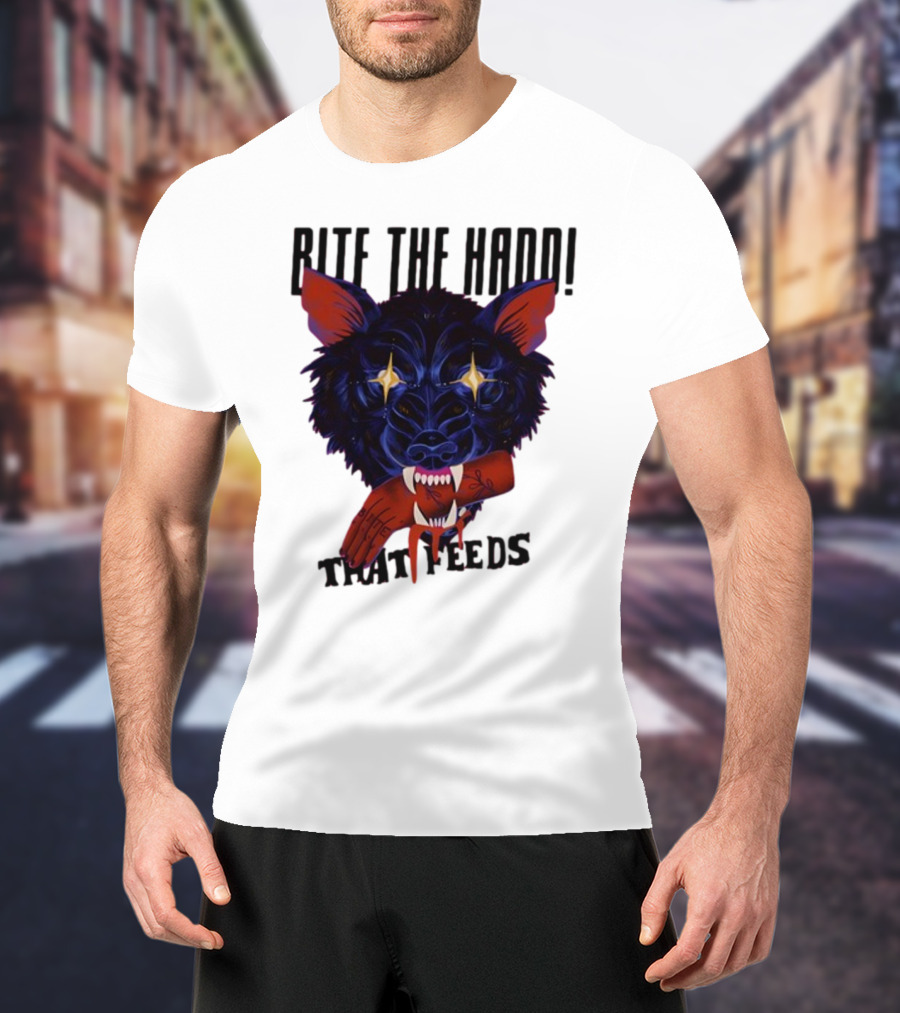 Galactixy Bite The Hand That Feeds Wolf With Glowing Eyes Holding Severed Hand T-Shirt