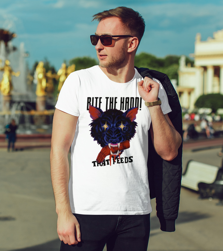 Galactixy Bite The Hand That Feeds Wolf With Glowing Eyes Holding Severed Hand T-Shirt