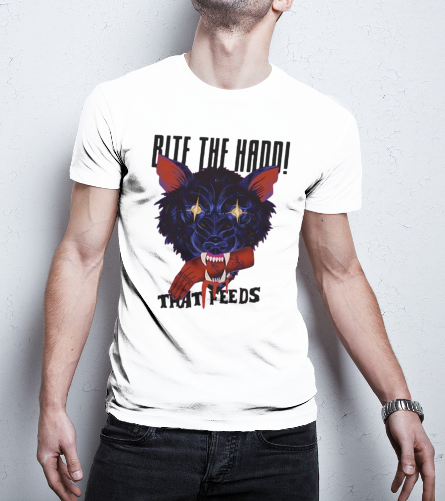 Galactixy Bite The Hand That Feeds Wolf With Glowing Eyes Holding Severed Hand T-Shirt