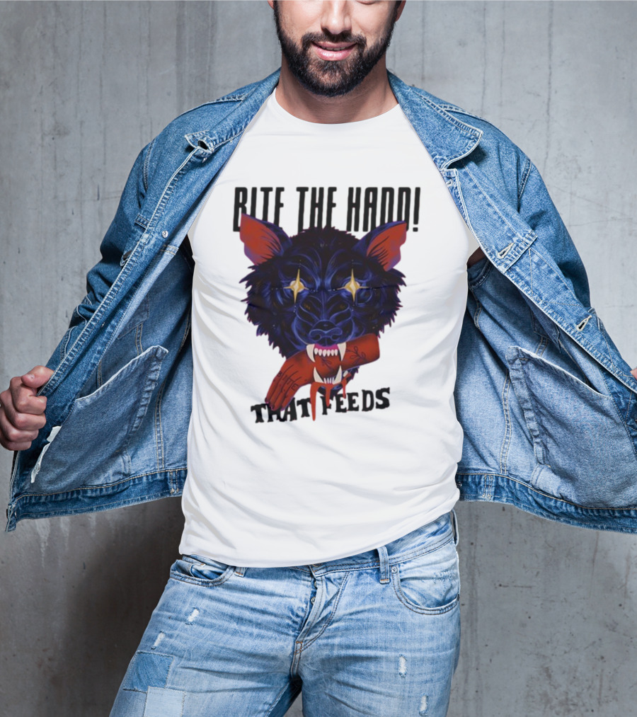 Galactixy Bite The Hand That Feeds Wolf With Glowing Eyes Holding Severed Hand T-Shirt