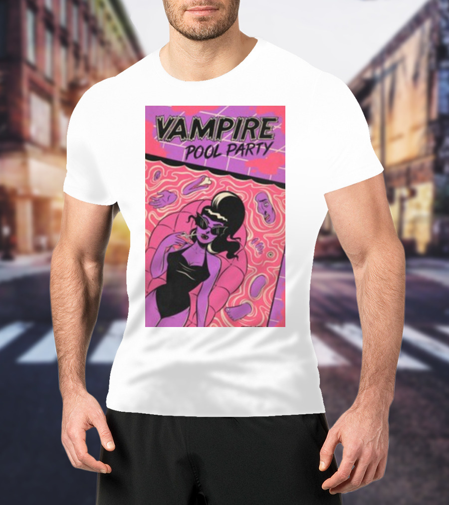 Vampire Pool Party Retro Vibes With Tragic Girl And Floating Accessories T-Shirt