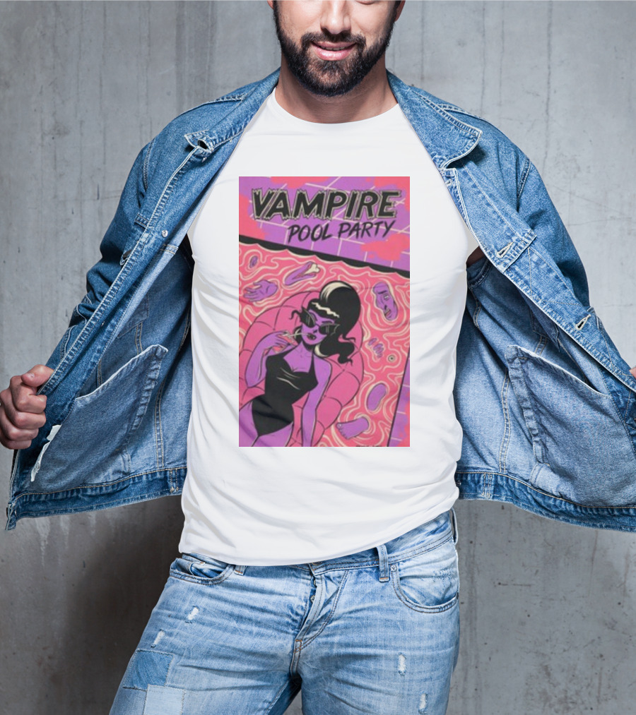 Vampire Pool Party Retro Vibes With Tragic Girl And Floating Accessories T-Shirt