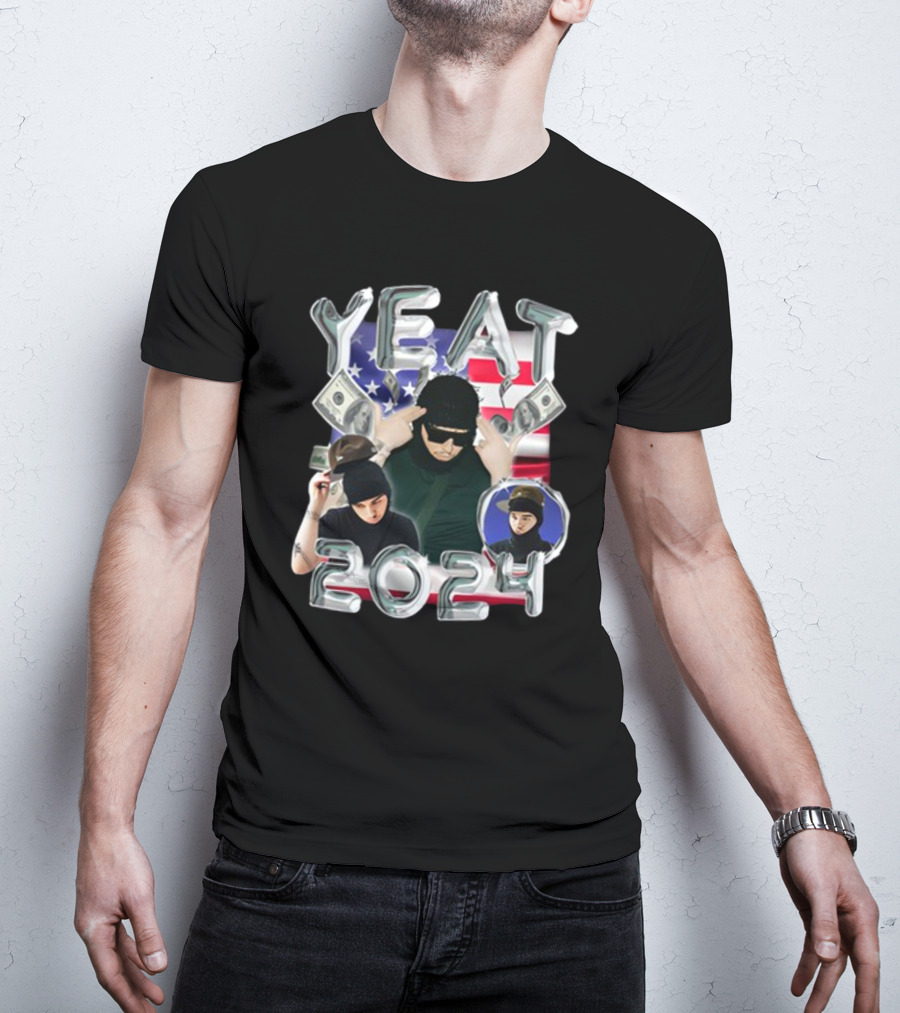 Yeat 2024 Metallic Text With Dollar Bills And American Flag Background T-Shirt